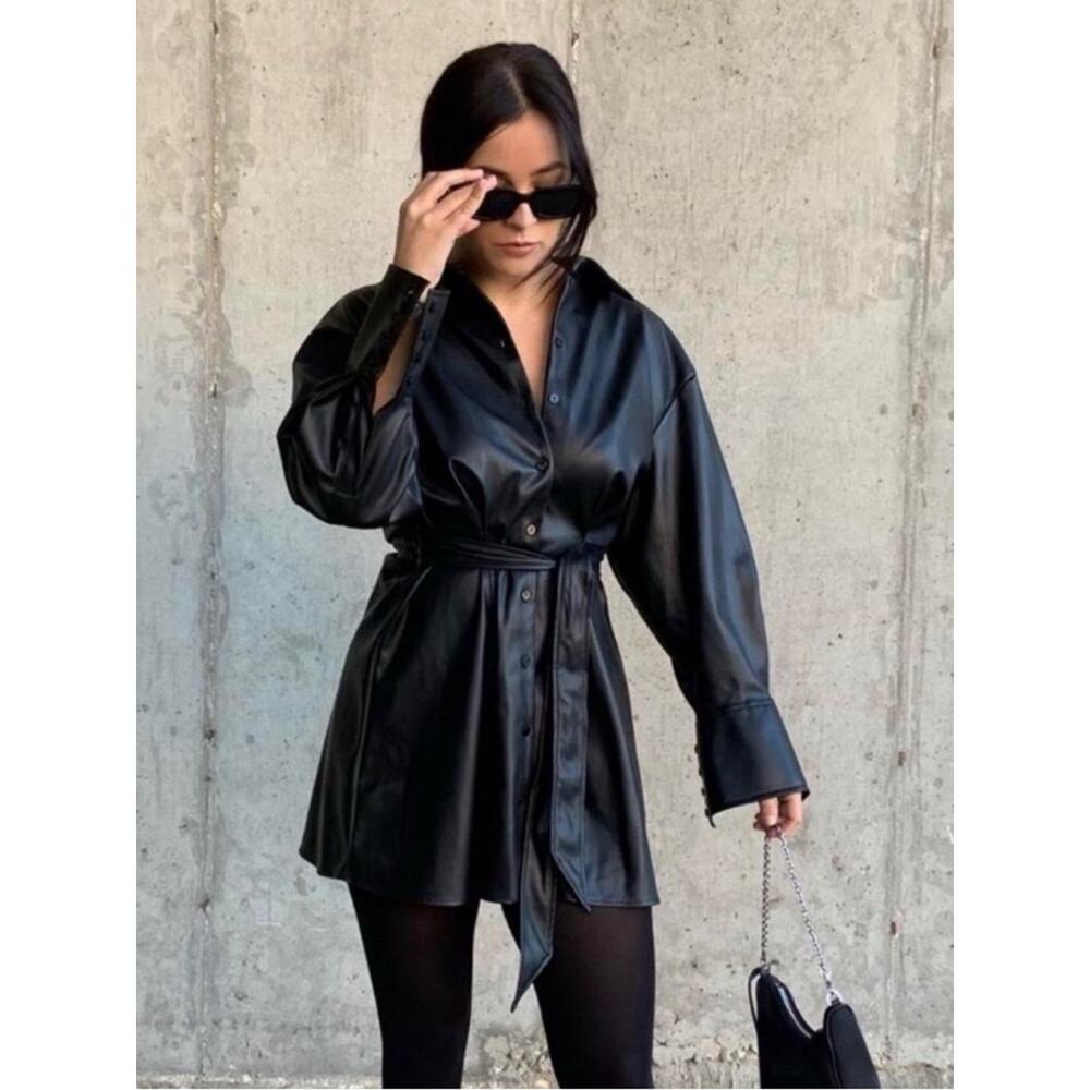 NWT Zara Black Faux Leather Shirt Dress